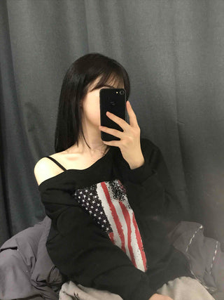 Sporty One-Off-Shoulder American Flag Sweatshirt