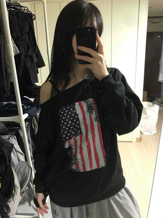 Sporty One-Off-Shoulder American Flag Sweatshirt