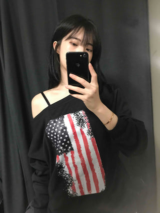 Sporty One-Off-Shoulder American Flag Sweatshirt