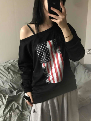 Sporty One-Off-Shoulder American Flag Sweatshirt
