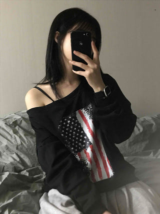 Sporty One-Off-Shoulder American Flag Sweatshirt