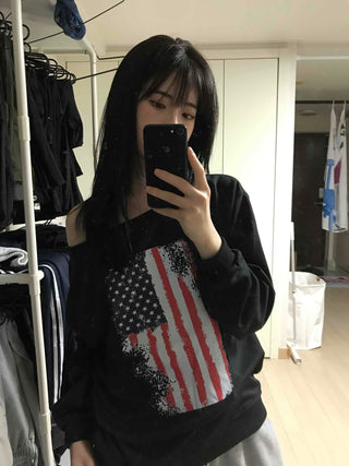 Sporty One-Off-Shoulder American Flag Sweatshirt