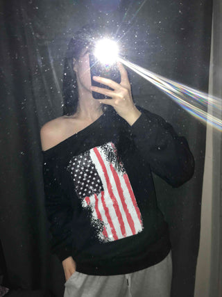 Sporty One-Off-Shoulder American Flag Sweatshirt