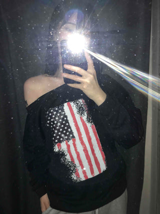 Sporty One-Off-Shoulder American Flag Sweatshirt