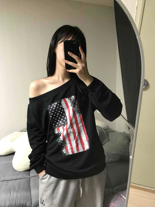 Sporty One-Off-Shoulder American Flag Sweatshirt