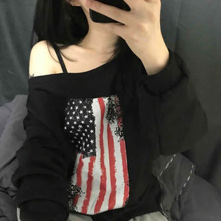 Sporty One-Off-Shoulder American Flag Sweatshirt