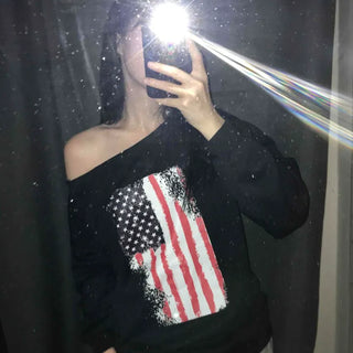 Sporty One-Off-Shoulder American Flag Sweatshirt