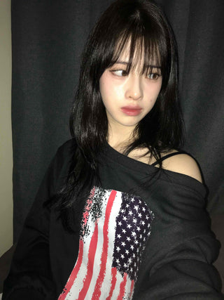Sporty One-Off-Shoulder American Flag Sweatshirt