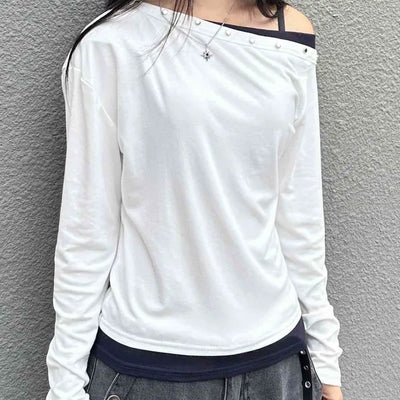 Casual Studded Off-Shoulder Plain Long-Sleeve T-Shirt