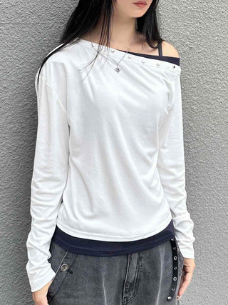 Casual Studded Off-Shoulder Plain Long-Sleeve T-Shirt