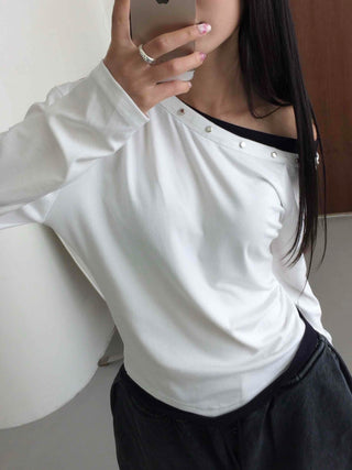 Casual Studded Off-Shoulder Plain Long-Sleeve T-Shirt
