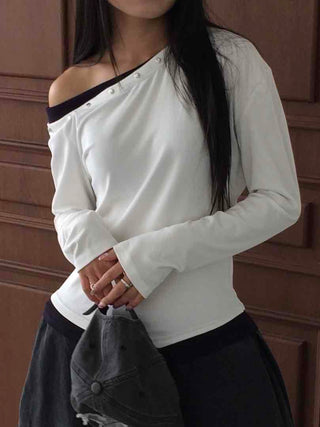 Casual Studded Off-Shoulder Plain Long-Sleeve T-Shirt