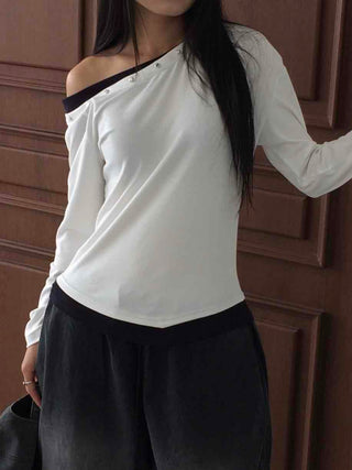 Casual Studded Off-Shoulder Plain Long-Sleeve T-Shirt