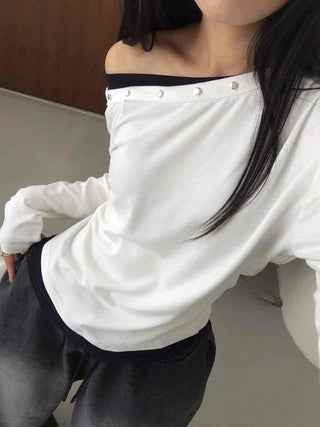 Casual Studded Off-Shoulder Plain Long-Sleeve T-Shirt