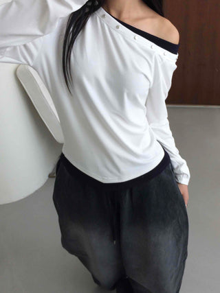 Casual Studded Off-Shoulder Plain Long-Sleeve T-Shirt