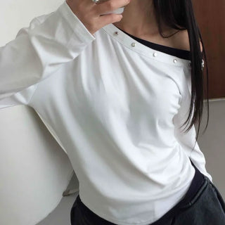 Casual Studded Off-Shoulder Plain Long-Sleeve T-Shirt