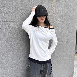 Casual Studded Off-Shoulder Plain Long-Sleeve T-Shirt