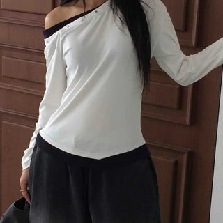 Casual Studded Off-Shoulder Plain Long-Sleeve T-Shirt