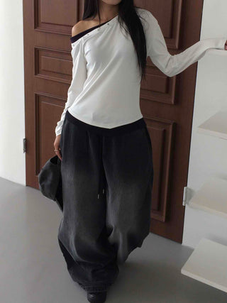 Casual Studded Off-Shoulder Plain Long-Sleeve T-Shirt
