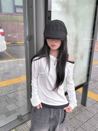 Casual Studded Off-Shoulder Plain Long-Sleeve T-Shirt