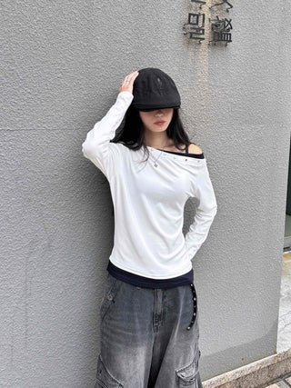 Casual Studded Off-Shoulder Plain Long-Sleeve T-Shirt