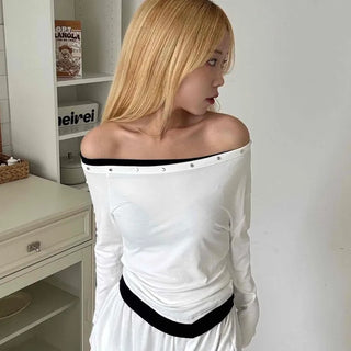 Effortless Chic Studded Off-Shoulder Long-Sleeve T-Shirt