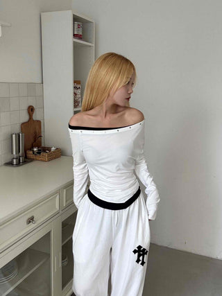 Effortless Chic Studded Off-Shoulder Long-Sleeve T-Shirt