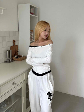 Effortless Chic Studded Off-Shoulder Long-Sleeve T-Shirt