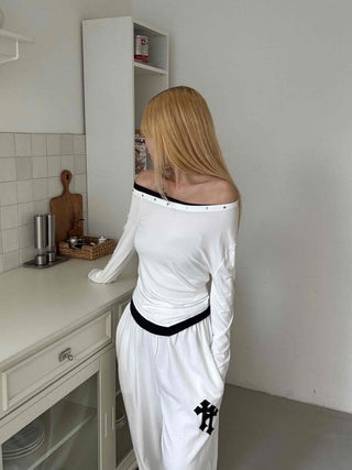 Effortless Chic Studded Off-Shoulder Long-Sleeve T-Shirt