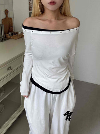Effortless Chic Studded Off-Shoulder Long-Sleeve T-Shirt