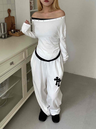 Effortless Chic Studded Off-Shoulder Long-Sleeve T-Shirt