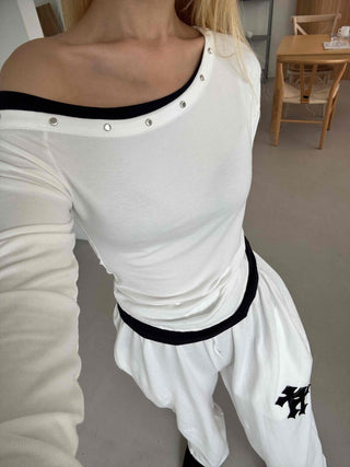 Effortless Chic Studded Off-Shoulder Long-Sleeve T-Shirt