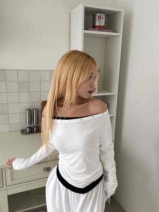 Effortless Chic Studded Off-Shoulder Long-Sleeve T-Shirt