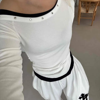 Effortless Chic Studded Off-Shoulder Long-Sleeve T-Shirt
