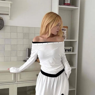 Effortless Chic Studded Off-Shoulder Long-Sleeve T-Shirt