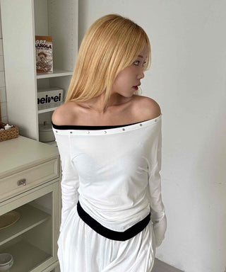 Effortless Chic Studded Off-Shoulder Long-Sleeve T-Shirt
