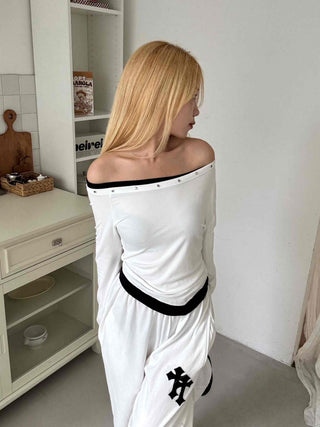 Effortless Chic Studded Off-Shoulder Long-Sleeve T-Shirt