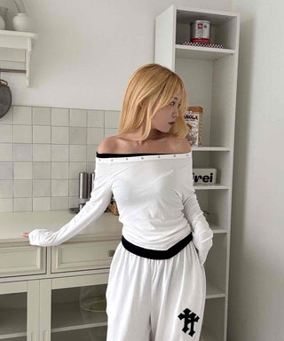 Effortless Chic Studded Off-Shoulder Long-Sleeve T-Shirt