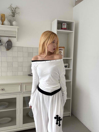 Effortless Chic Studded Off-Shoulder Long-Sleeve T-Shirt