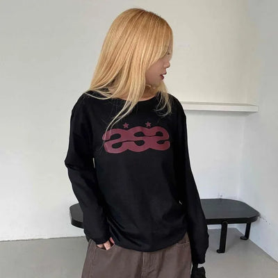 Retro Hip Vintage Cotton Lettering Long Sleeve T-shirt