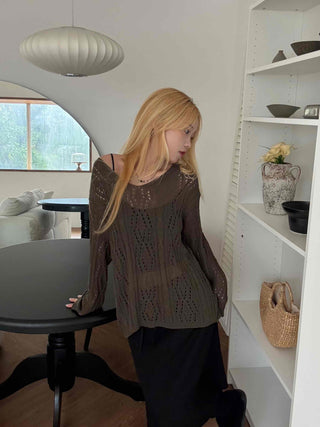 Autumn V-Neck PunchingEyelet Knit