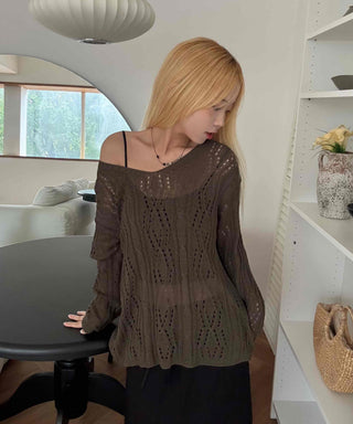 Autumn V-Neck PunchingEyelet Knit