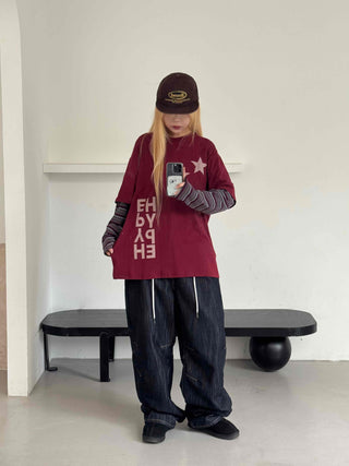 Basic denim oversized long pants