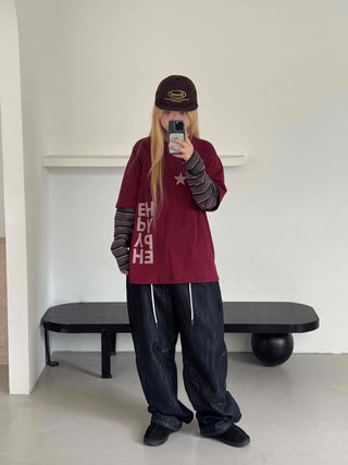 Basic denim oversized long pants