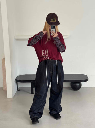 Basic denim oversized long pants