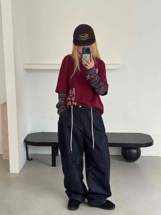 Basic denim oversized long pants