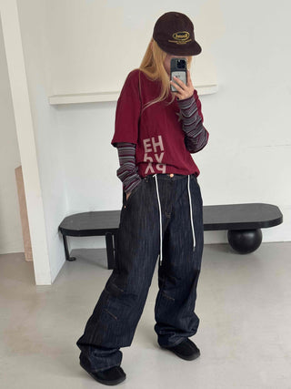 Basic denim oversized long pants