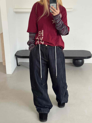 Basic denim oversized long pants