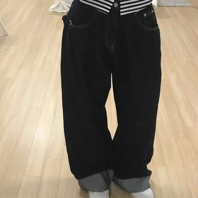 Casual rolled-up plain denim long pants