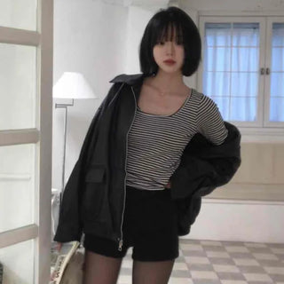 Effortless Chic Autumn Shirt Collar Leather Jacket